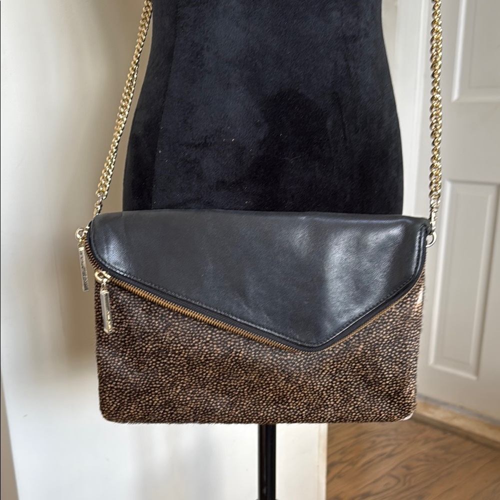Henri Bendel Black and Brown Leather and Calf Hair Crossbody Bag